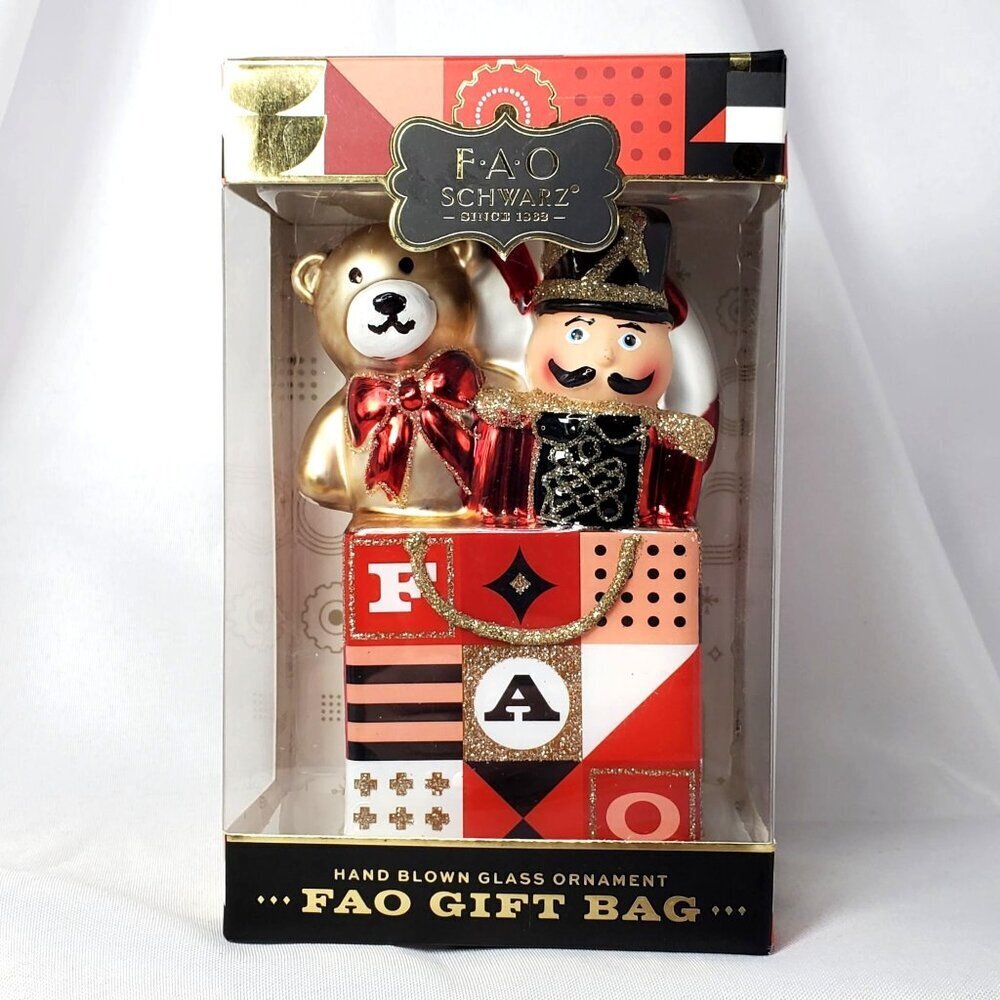 F.A.O. Schwarz Hand Blown Glass Ornament Nutcracker Teddy Bear FAO Gift Bag